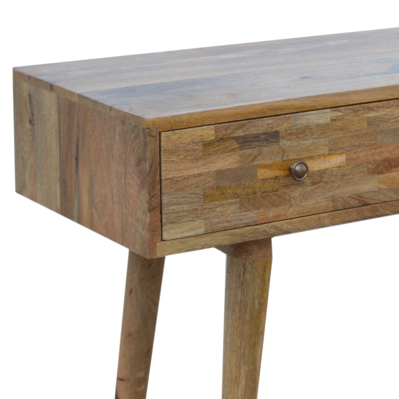 Solid Mango Wood Oak Finished 3 Drawer Patchwork Console Table - Image 6