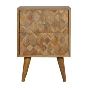 Solid Mango Wood Oak Finished 2 Drawer Patterned Bedside