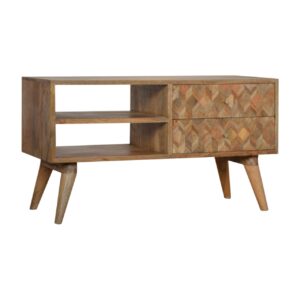 Solid Mango Wood Oak Finished 2 Diamond Patchwork Drawer 2 Shelves Television/Media Unit