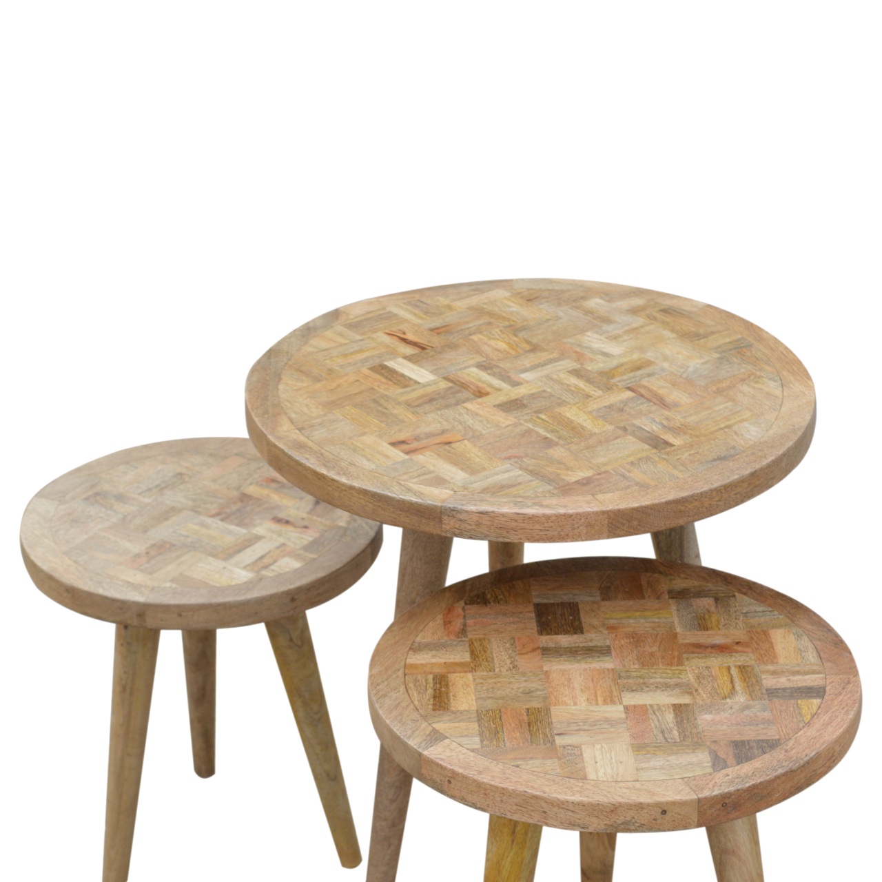 Solid Mango Wood Scandinavian Style Set of 3 Nest Tables with Patchwork Patterned Tops - Image 9