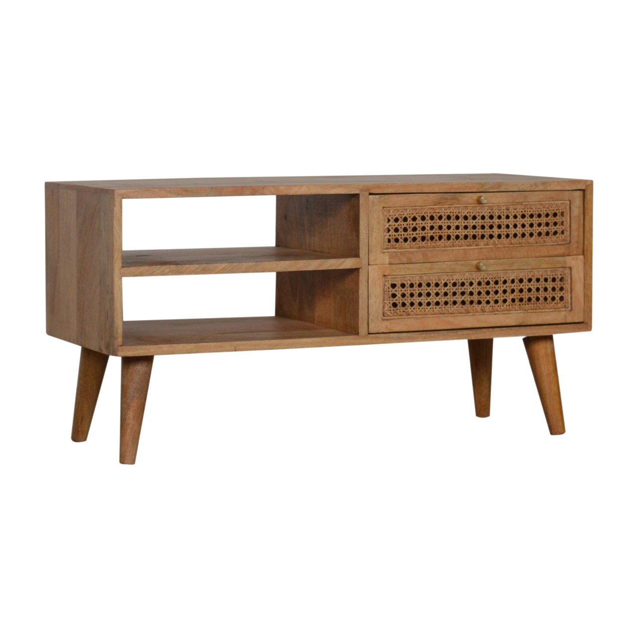 Solid Mango Wood Oak Finished Two Drawer Two Slot Rattan Front Media/Television Unit - Image 2