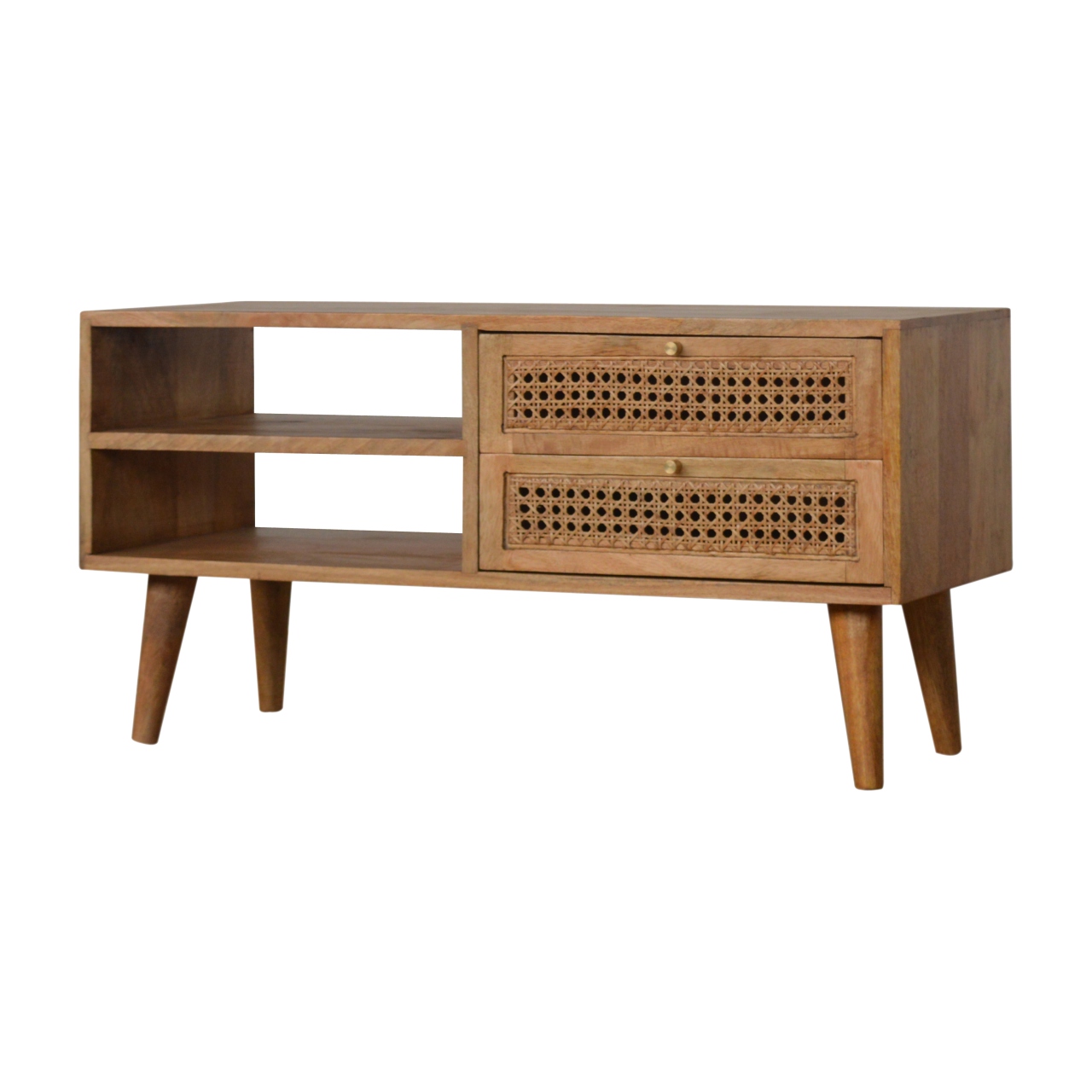 Solid Mango Wood Oak Finished Two Drawer Two Slot Rattan Front Media/Television Unit - Image 3