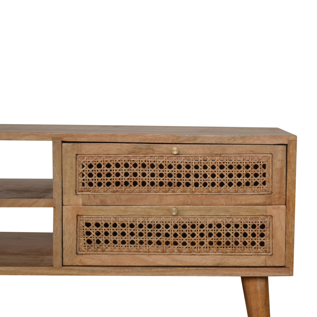 Solid Mango Wood Oak Finished Two Drawer Two Slot Rattan Front Media/Television Unit - Image 4