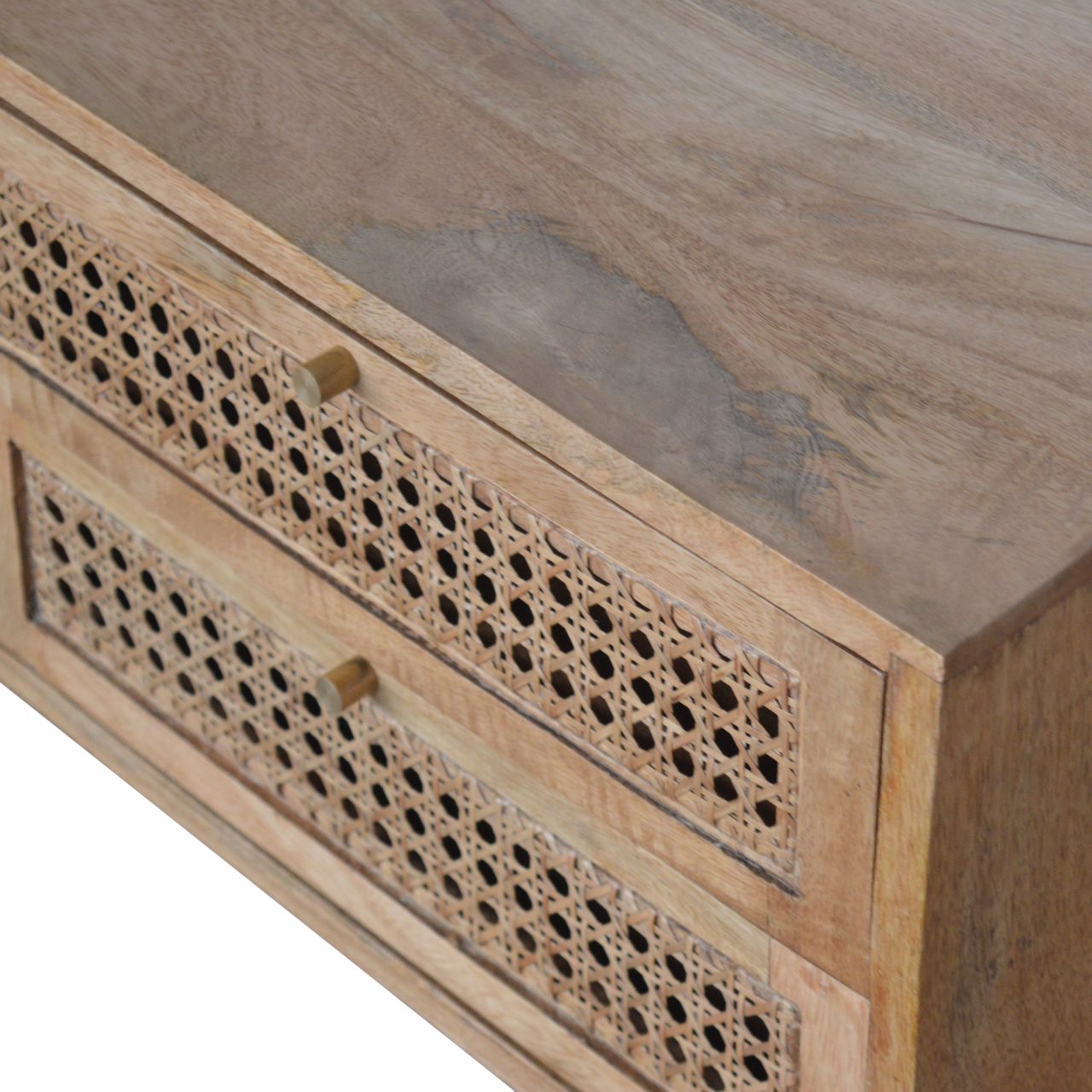 Solid Mango Wood Oak Finished Two Drawer Two Slot Rattan Front Media/Television Unit - Image 5