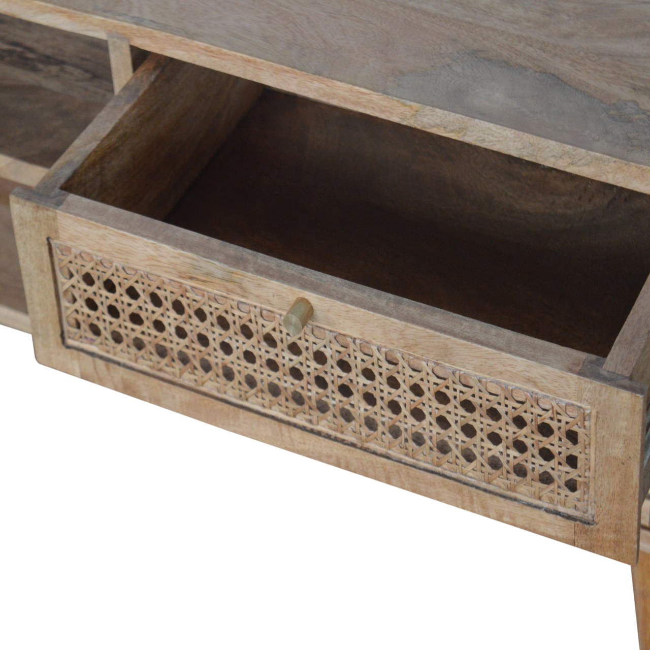 Solid Mango Wood Oak Finished Two Drawer Two Slot Rattan Front Media/Television Unit - Image 7