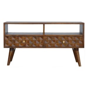 Solid Mango Wood Chestnut Finished Diamond Carved 2 Drawer 2 Slot Media Unit