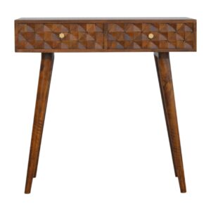 Solid Mango Wood Chestnut Finished 2 Drawer Diamond Carved Console Table