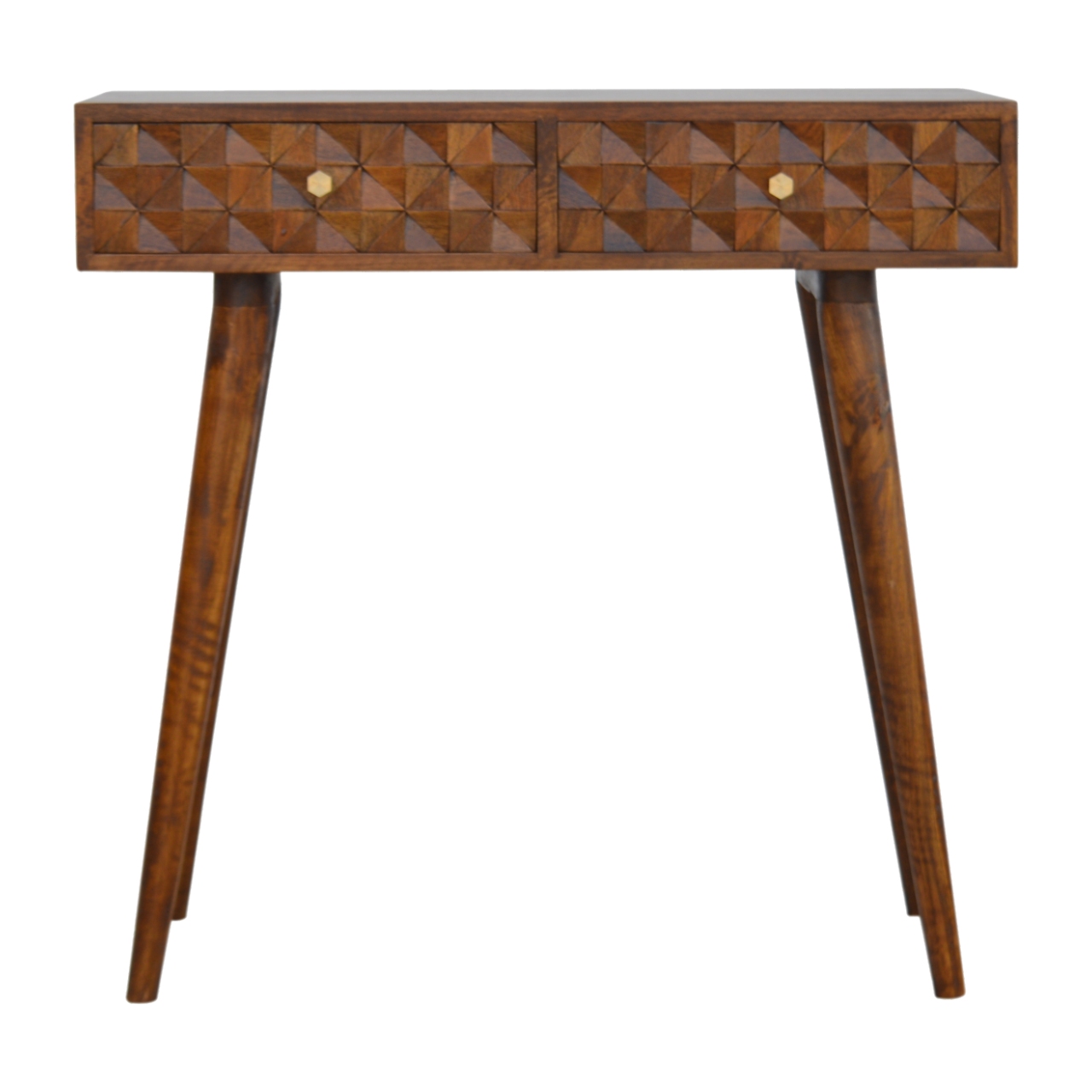 Solid Mango Wood Chestnut Finished 2 Drawer Diamond Carved Console Table