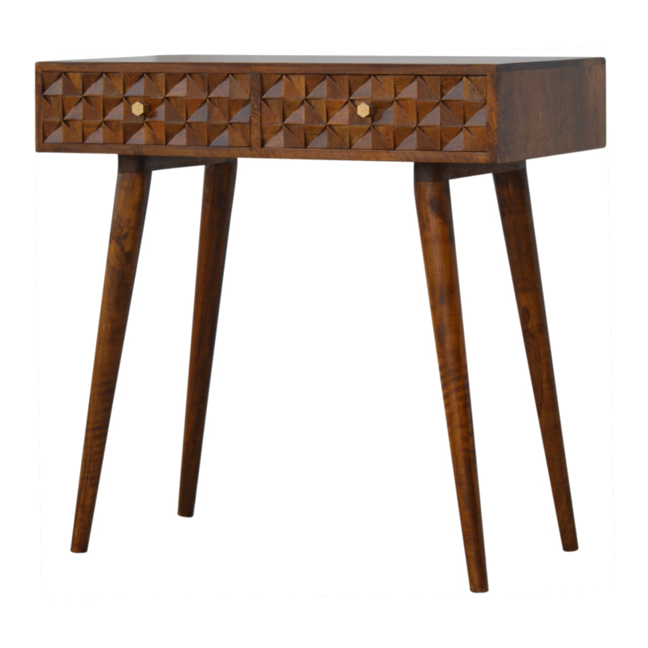Solid Mango Wood Chestnut Finished 2 Drawer Diamond Carved Console Table - Image 2