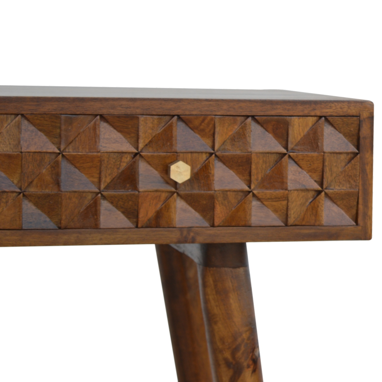 Solid Mango Wood Chestnut Finished 2 Drawer Diamond Carved Console Table - Image 3
