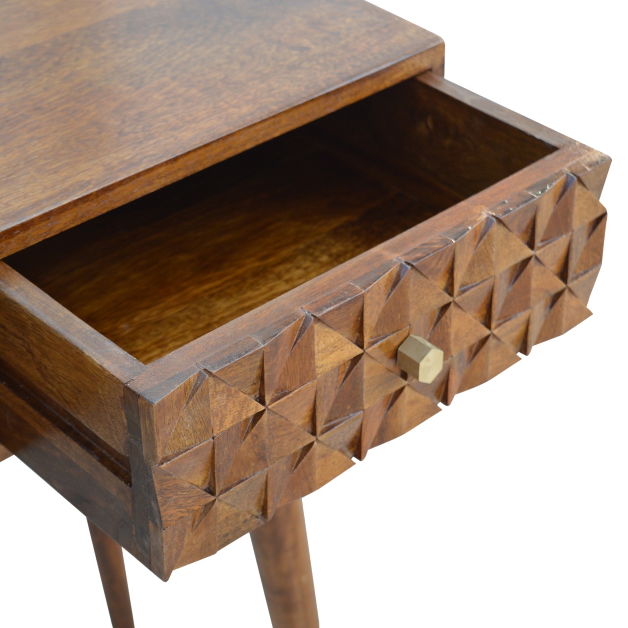 Solid Mango Wood Chestnut Finished 2 Drawer Diamond Carved Console Table - Image 5