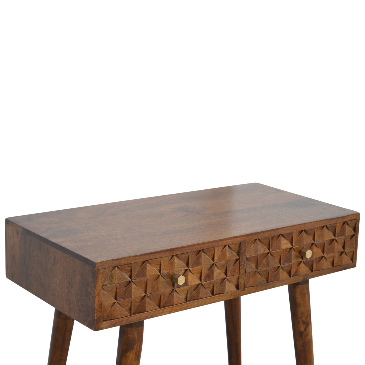 Solid Mango Wood Chestnut Finished 2 Drawer Diamond Carved Console Table - Image 7