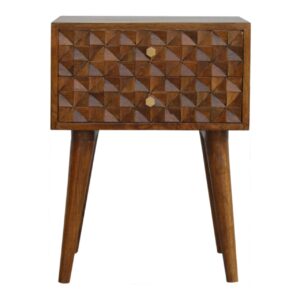 Solid Mango Wood Chestnut Finished 2 Drawer Diamond Pattern Bedside