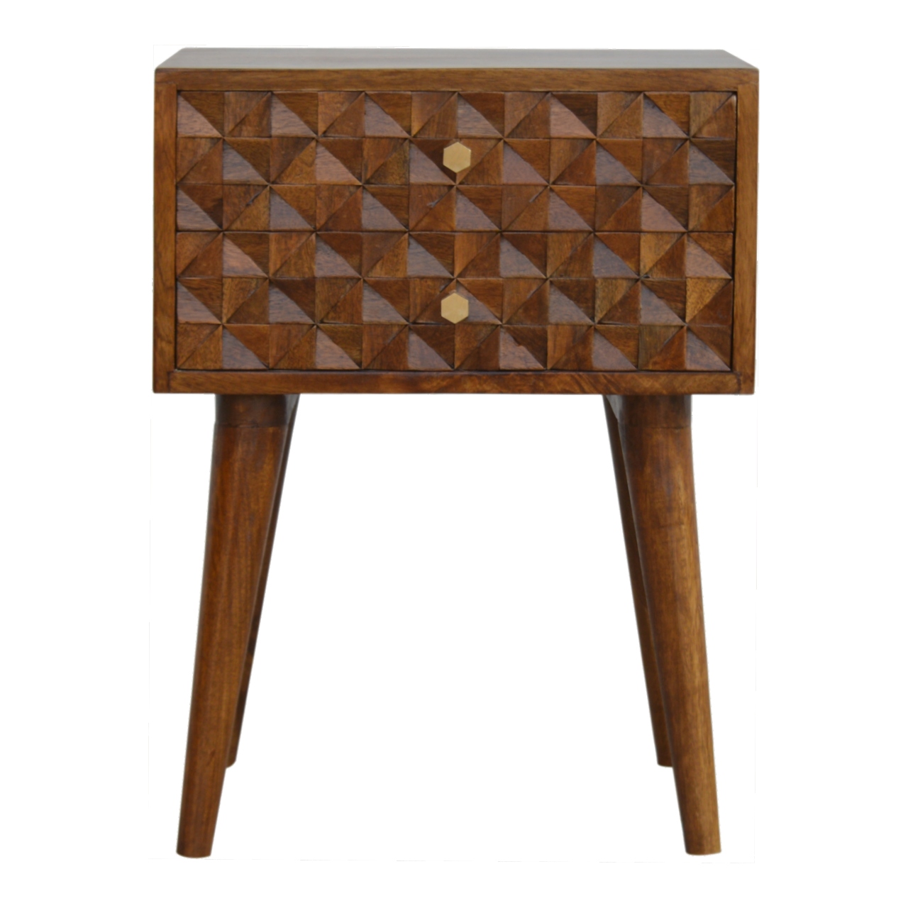 Solid Mango Wood Chestnut Finished 2 Drawer Diamond Pattern Bedside