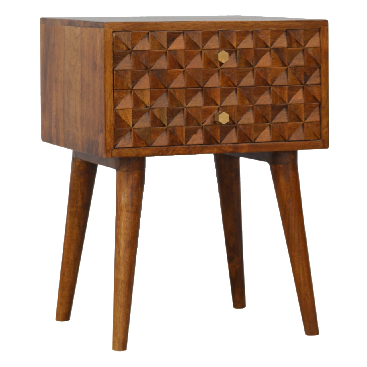 Solid Mango Wood Chestnut Finished 2 Drawer Diamond Pattern Bedside - Image 3
