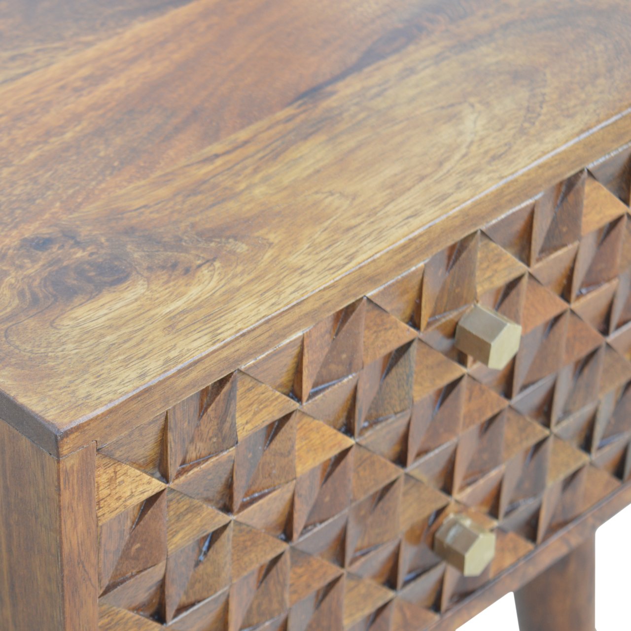Solid Mango Wood Chestnut Finished 2 Drawer Diamond Pattern Bedside - Image 5