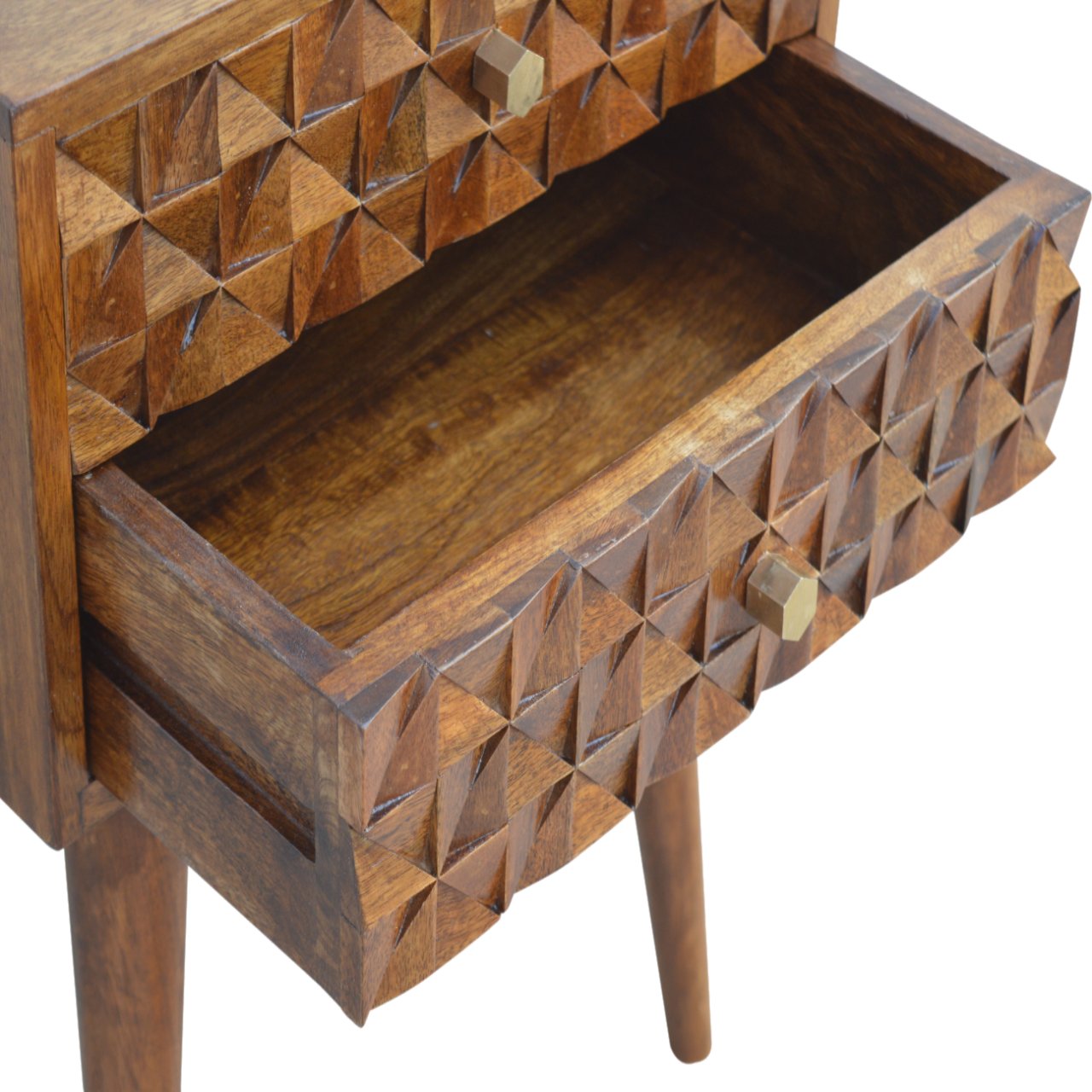 Solid Mango Wood Chestnut Finished 2 Drawer Diamond Pattern Bedside - Image 6