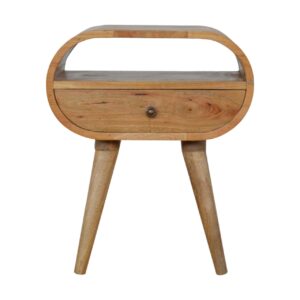 Solid Mango Wood Oak Finished 1 Drawer Rounded Open Slot Bedside