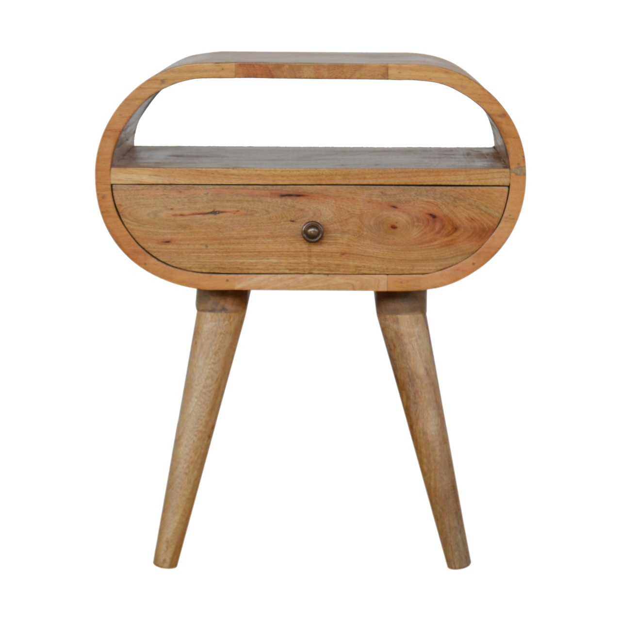Solid Mango Wood Oak Finished 1 Drawer Rounded Open Slot Bedside