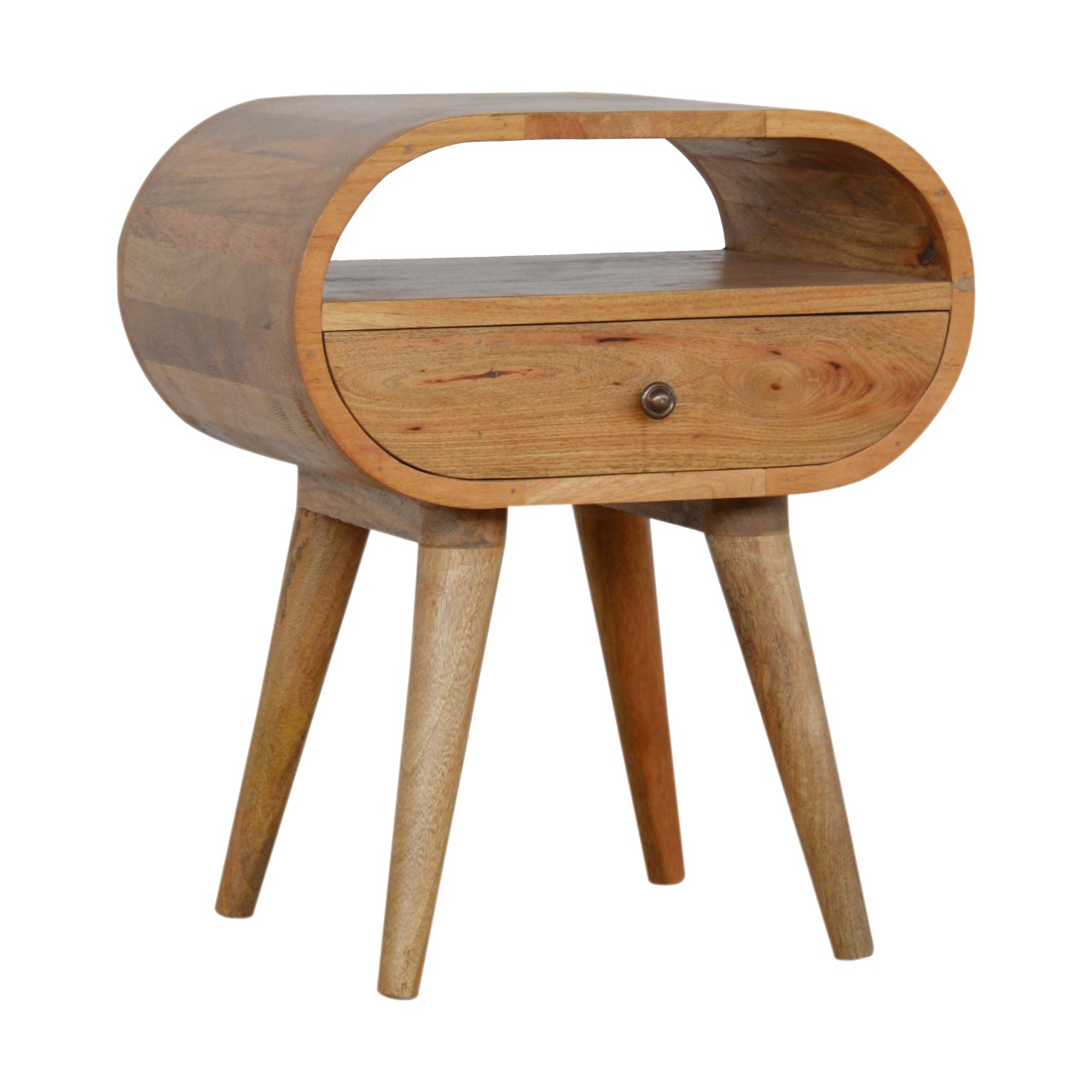 Solid Mango Wood Oak Finished 1 Drawer Rounded Open Slot Bedside - Image 2
