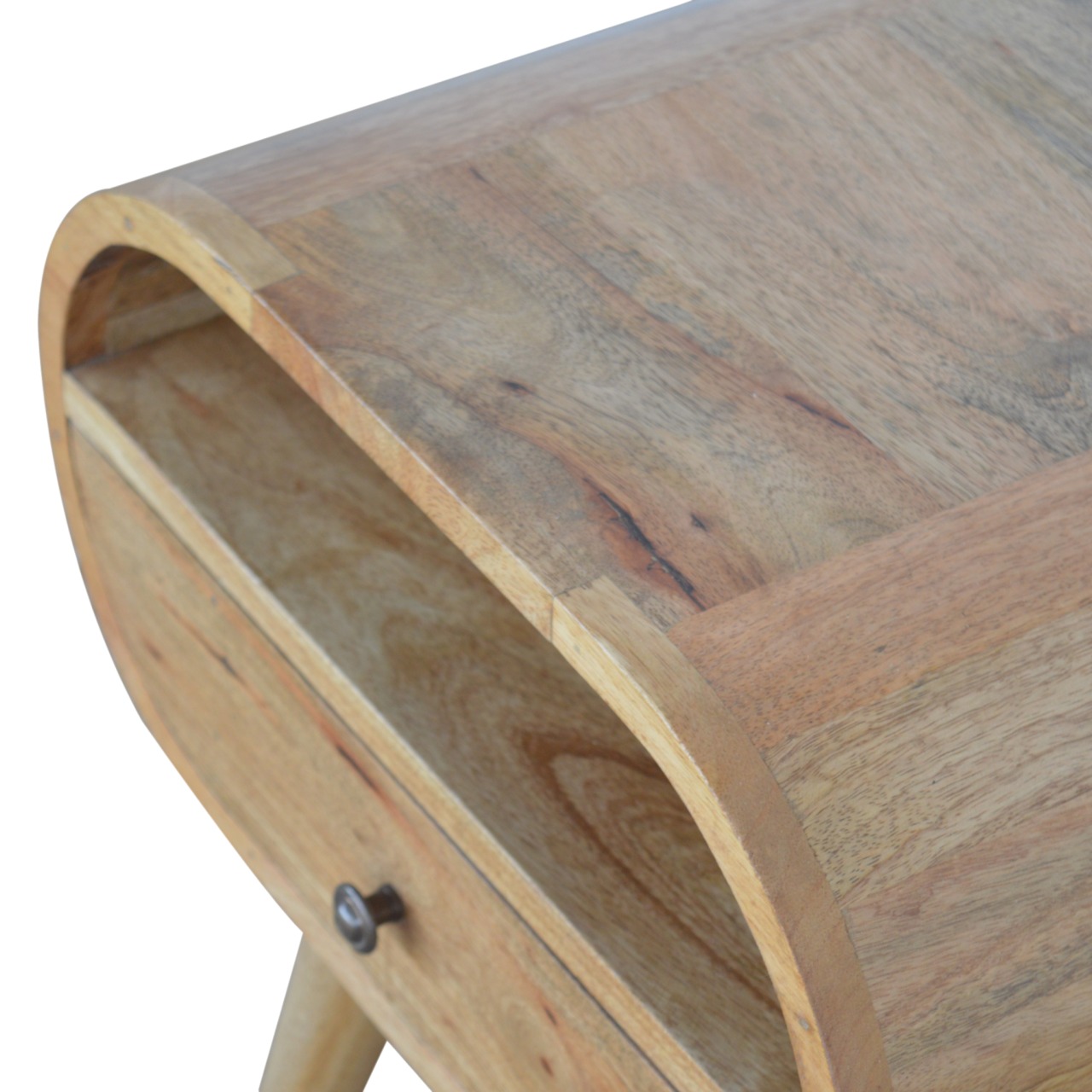 Solid Mango Wood Oak Finished 1 Drawer Rounded Open Slot Bedside - Image 3