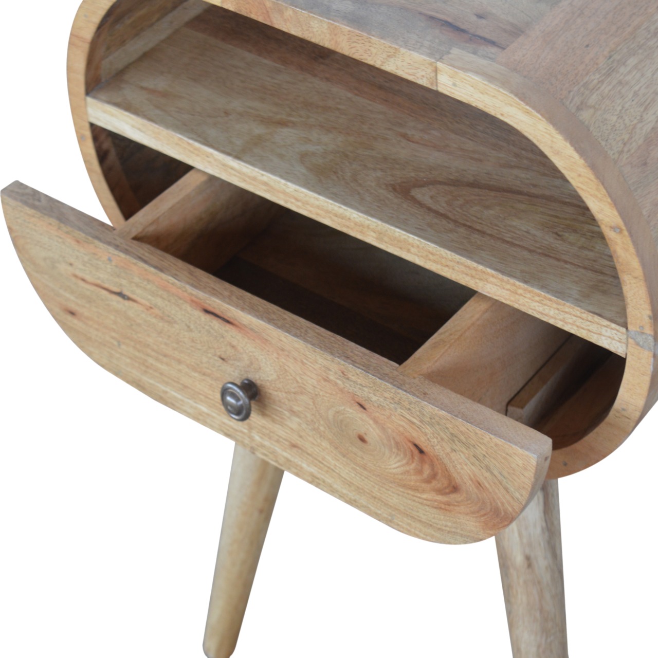 Solid Mango Wood Oak Finished 1 Drawer Rounded Open Slot Bedside - Image 4