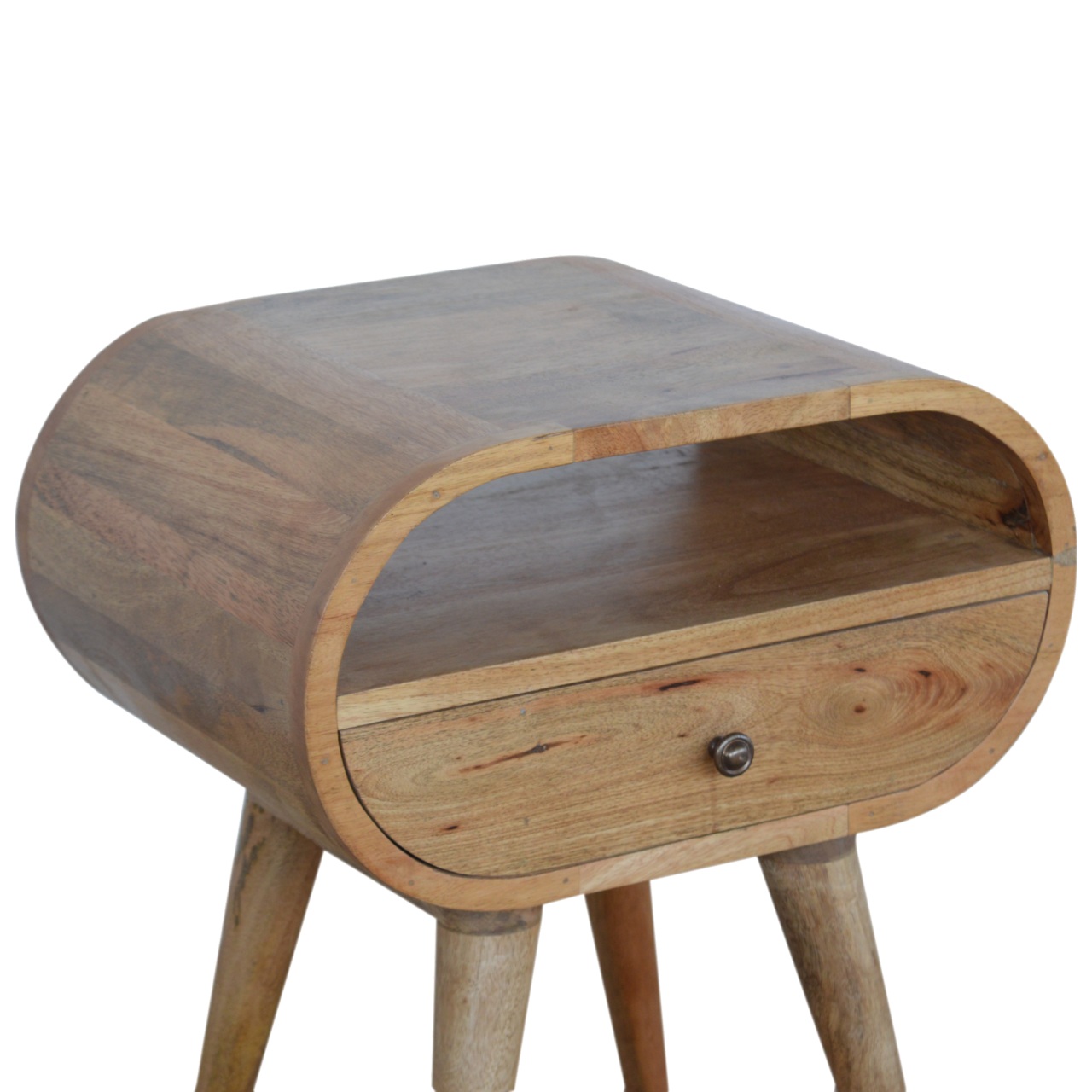 Solid Mango Wood Oak Finished 1 Drawer Rounded Open Slot Bedside - Image 6
