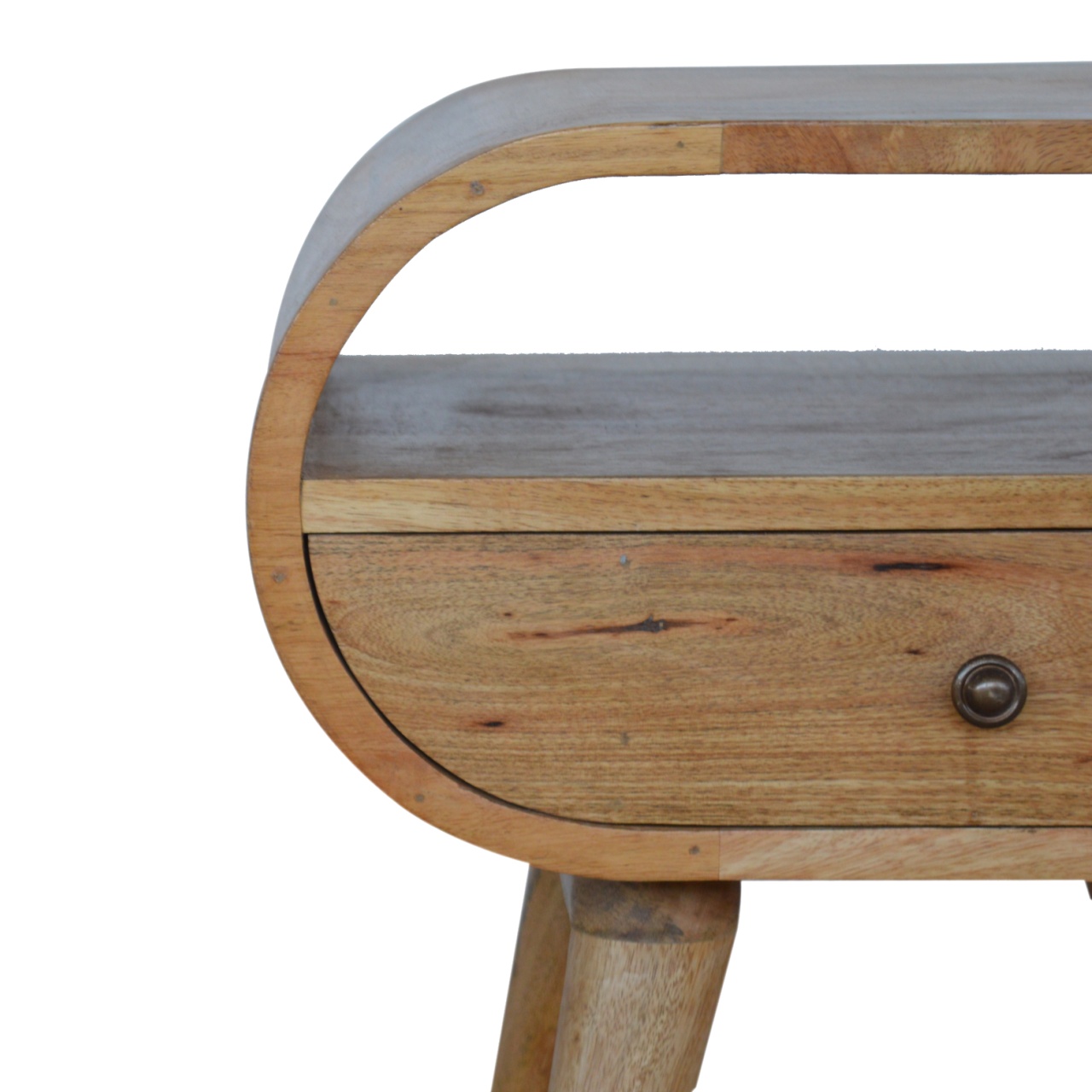 Solid Mango Wood Oak Finished 1 Drawer Rounded Open Slot Bedside - Image 7