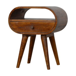 Solid Mango Wood Chestnut Finished Curved 1 Drawer Bedside