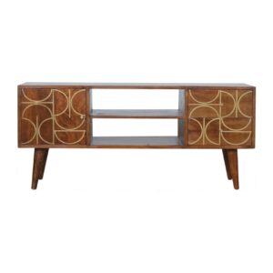 Solid Mango Chestnut Finished Gold Coloured Inlay 2 Slots 2 Drawer 1 Door Media Unit