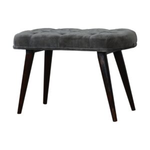 Solid Mango Walnut Finished Legs Grey Cotton Velvet Fabric Deep Button Scandinavian Style Bench/Stool