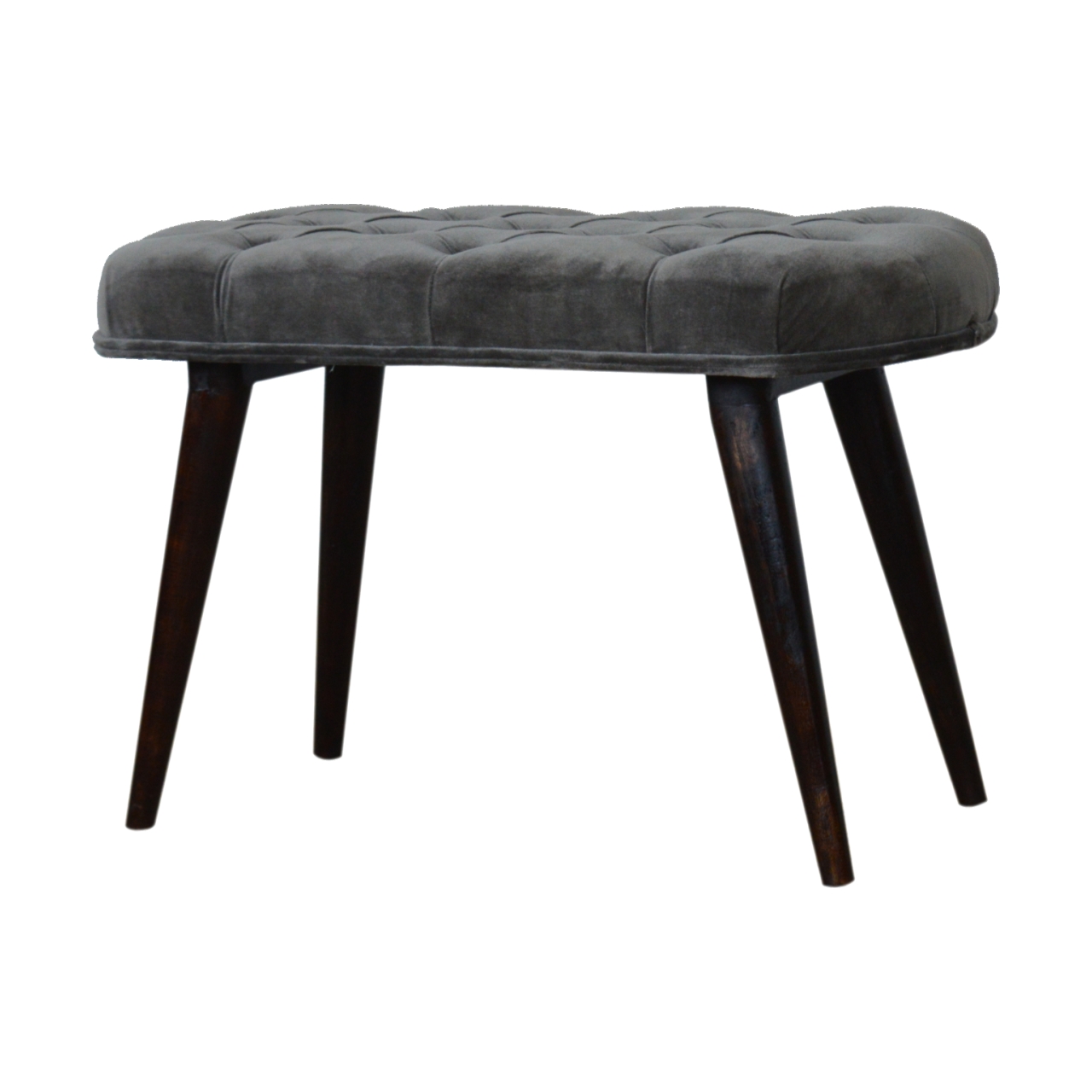 Solid Mango Walnut Finished Legs Grey Cotton Velvet Fabric Deep Button Scandinavian Style Bench/Stool