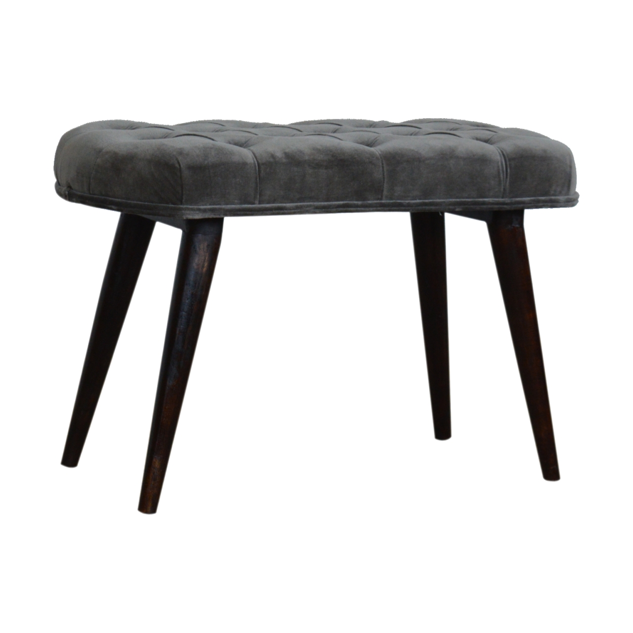 Solid Mango Walnut Finished Legs Grey Cotton Velvet Fabric Deep Button Scandinavian Style Bench/Stool - Image 2