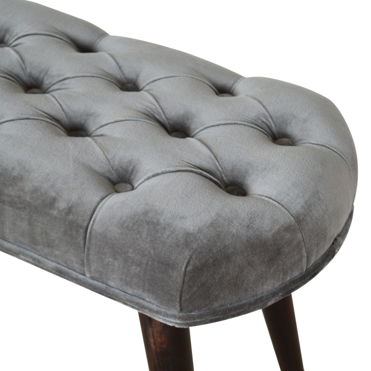 Solid Mango Walnut Finished Legs Grey Cotton Velvet Fabric Deep Button Scandinavian Style Bench/Stool - Image 4