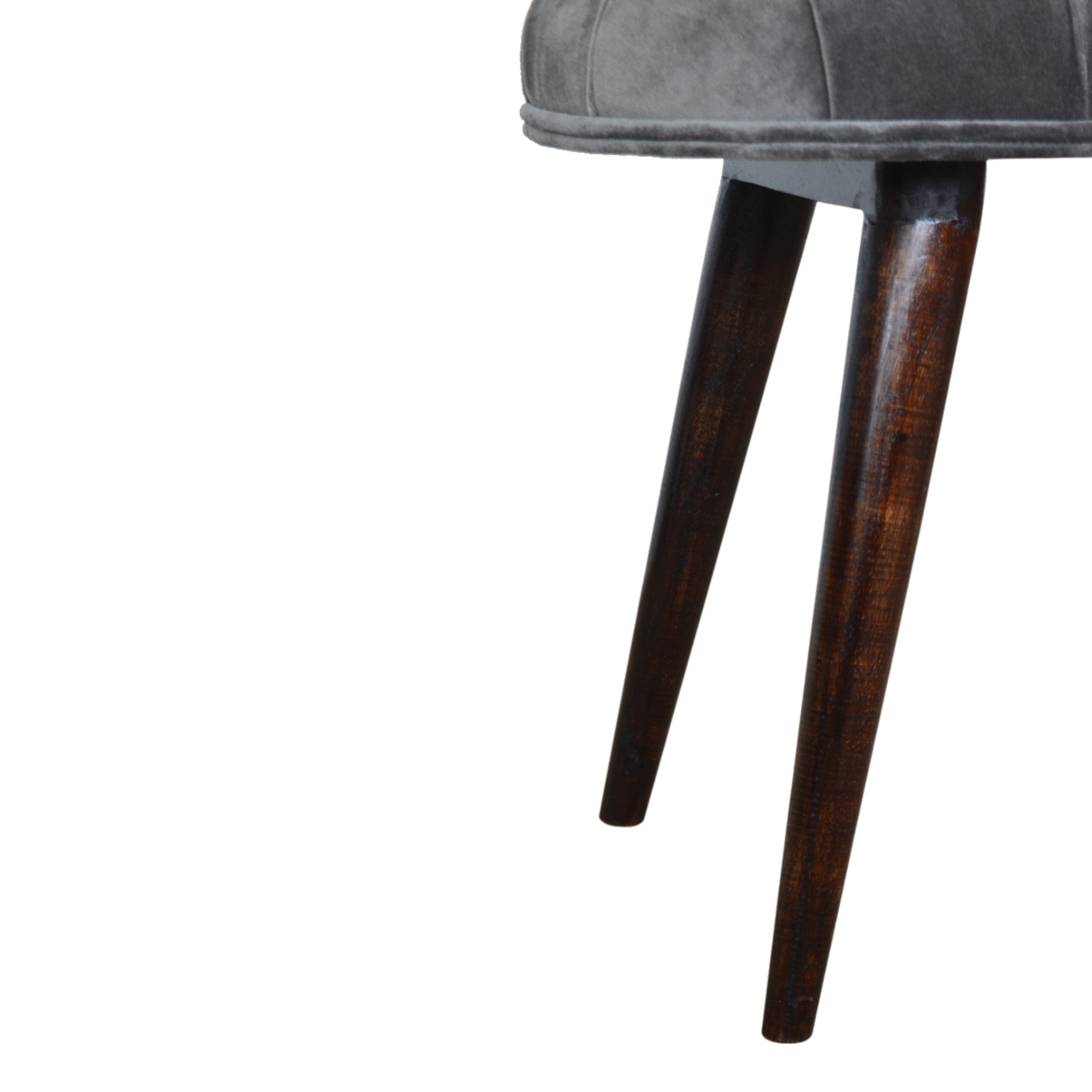 Solid Mango Walnut Finished Legs Grey Cotton Velvet Fabric Deep Button Scandinavian Style Bench/Stool - Image 5