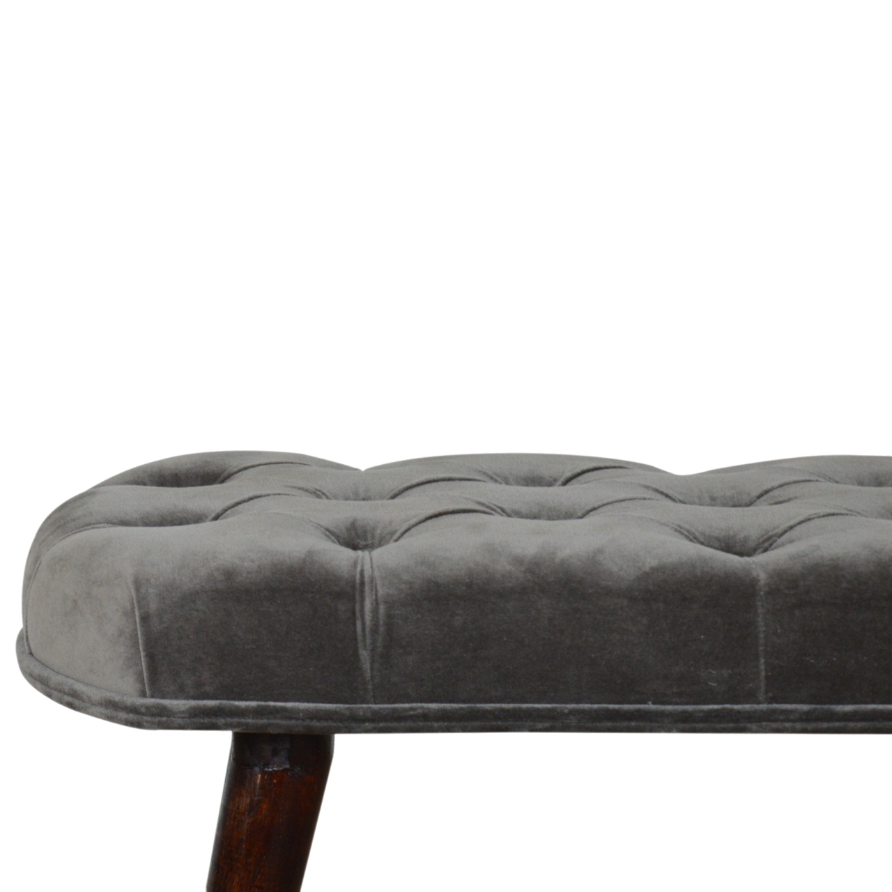 Solid Mango Walnut Finished Legs Grey Cotton Velvet Fabric Deep Button Scandinavian Style Bench/Stool - Image 6
