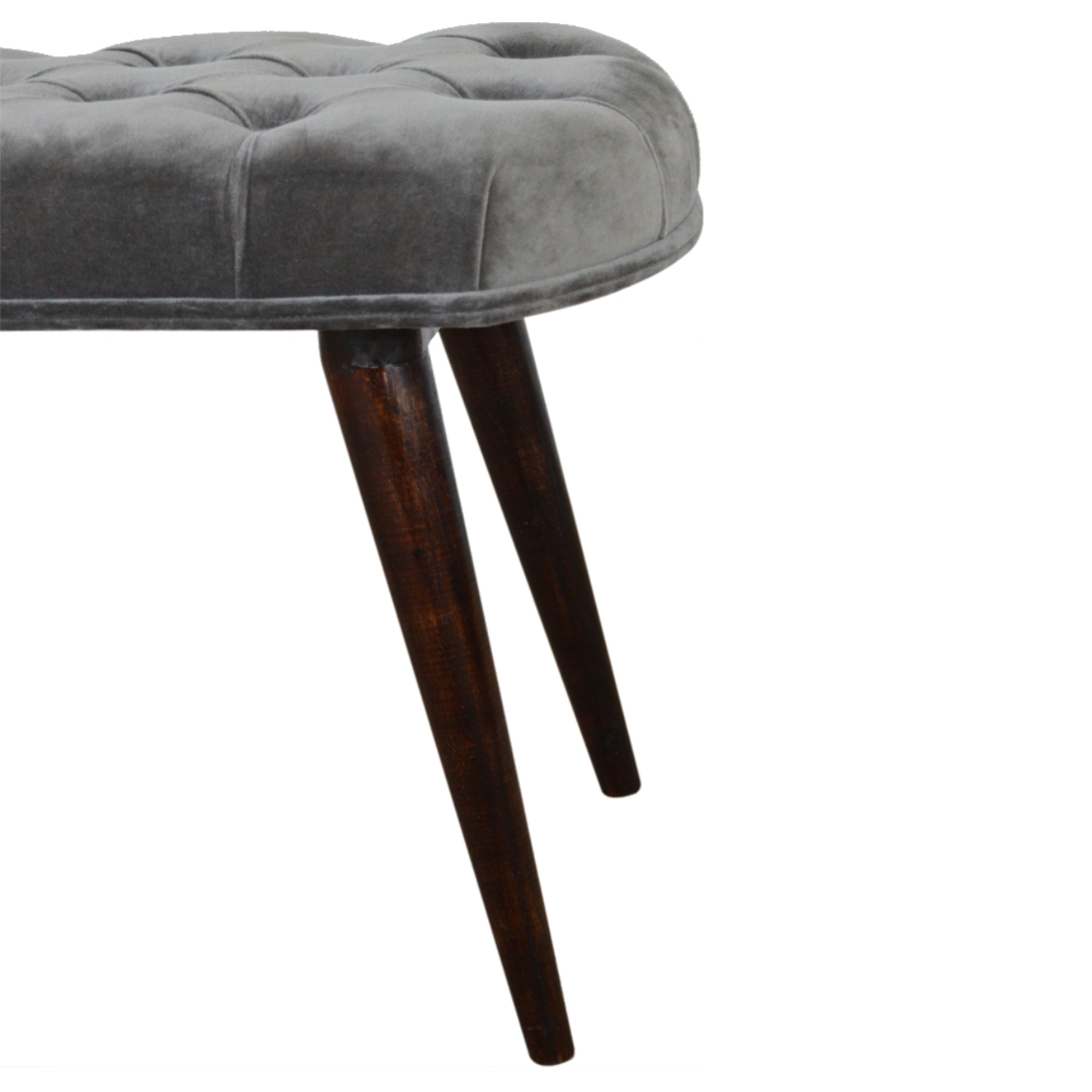 Solid Mango Walnut Finished Legs Grey Cotton Velvet Fabric Deep Button Scandinavian Style Bench/Stool - Image 7
