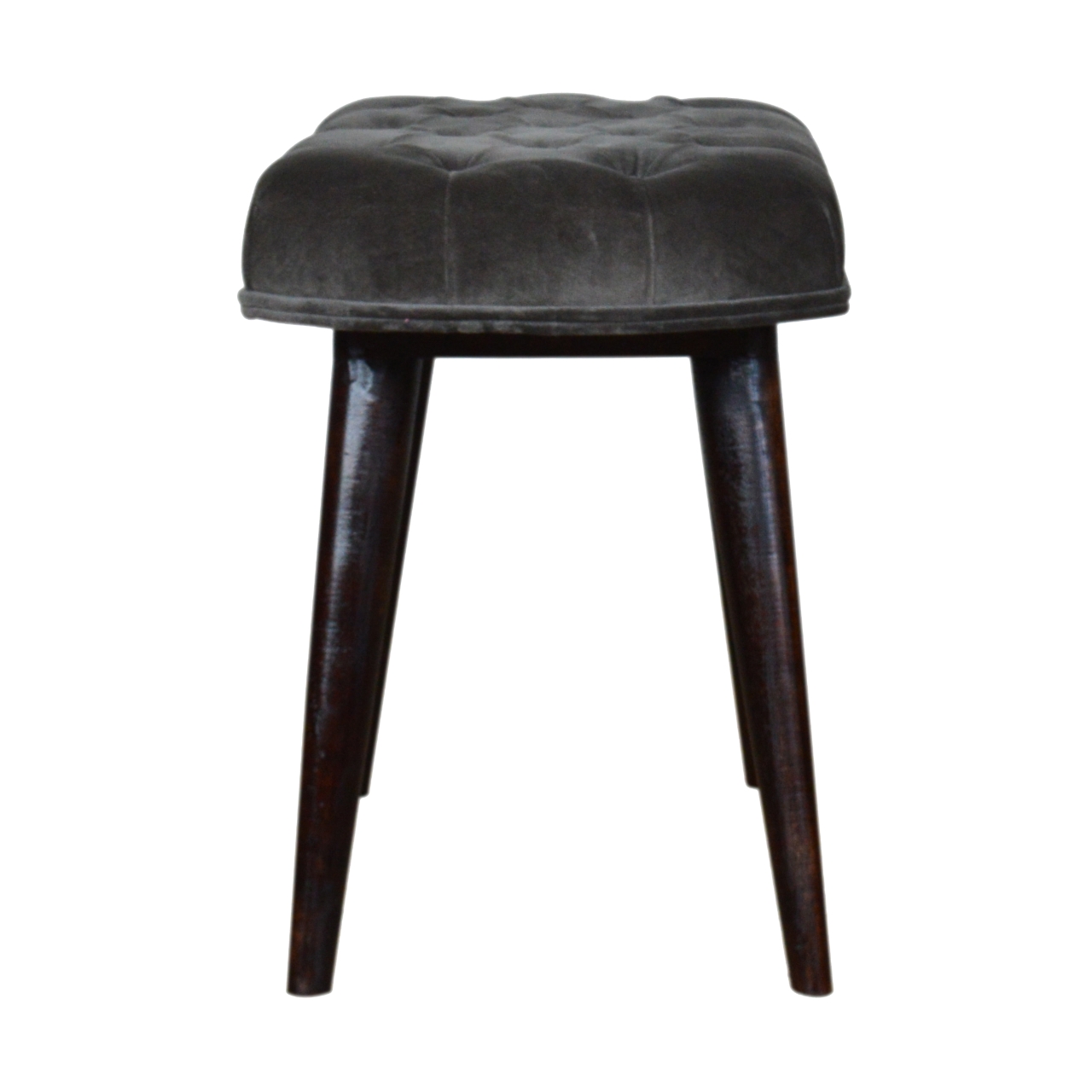 Solid Mango Walnut Finished Legs Grey Cotton Velvet Fabric Deep Button Scandinavian Style Bench/Stool - Image 8