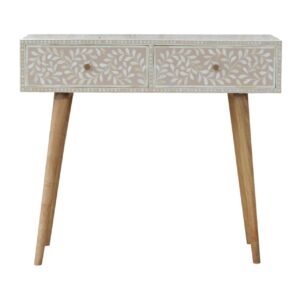 Solid Mango Wood Light Taupe Oak Finish Bone Inlay 2 Drawer Console Table