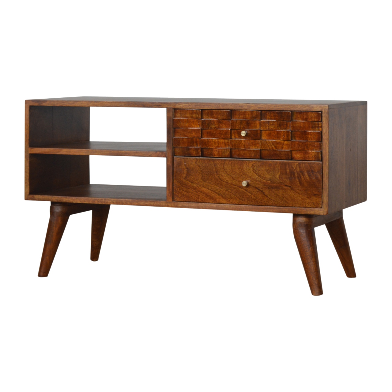 Solid Mango Wood Tile Carved Chestnut TV Unit - Image 2