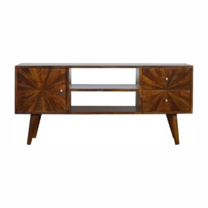 Solid Mango Wood Chestnut Finished 2 Drawers 1 Door Sunrise Patterned TV Stand