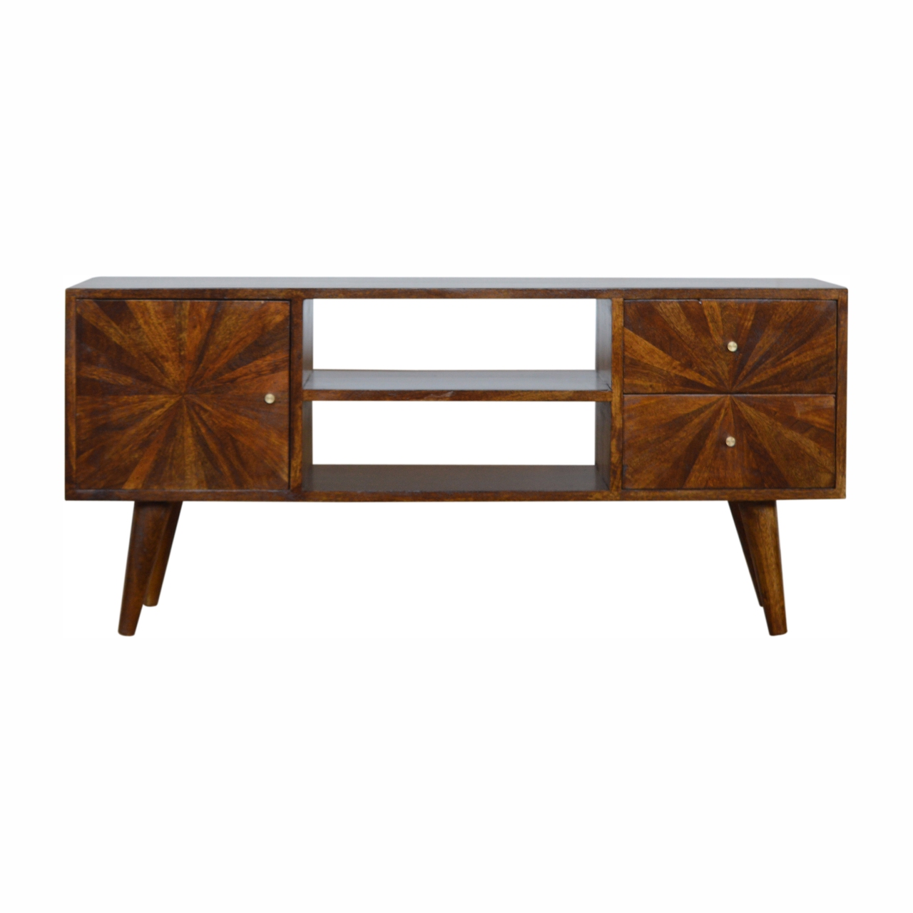 Solid Mango Wood Chestnut Finished 2 Drawers 1 Door Sunrise Patterned TV Stand