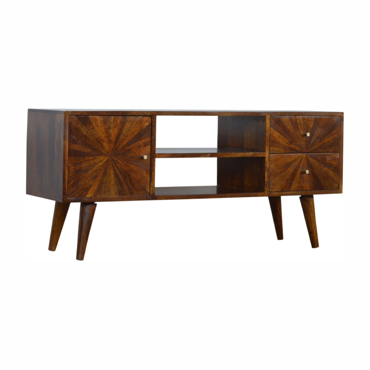 Solid Mango Wood Chestnut Finished 2 Drawers 1 Door Sunrise Patterned TV Stand - Image 2