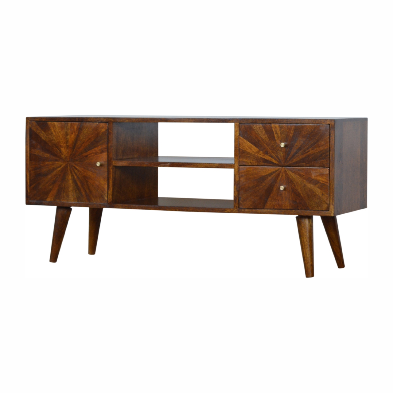 Solid Mango Wood Chestnut Finished 2 Drawers 1 Door Sunrise Patterned TV Stand - Image 3