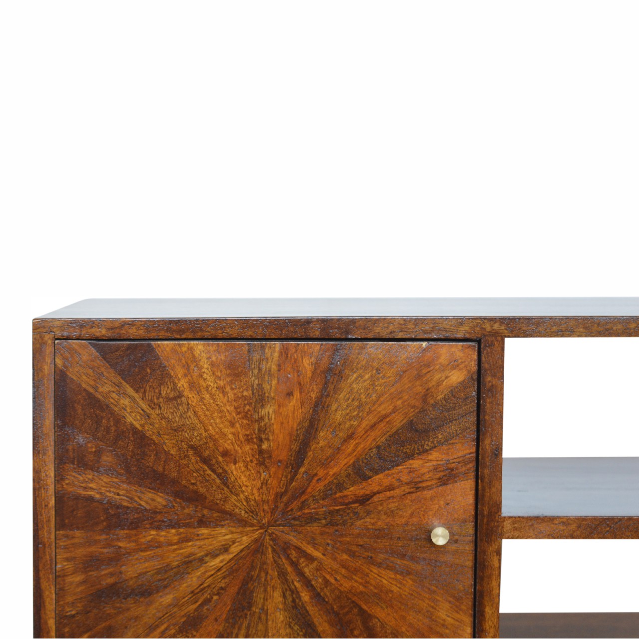 Solid Mango Wood Chestnut Finished 2 Drawers 1 Door Sunrise Patterned TV Stand - Image 4