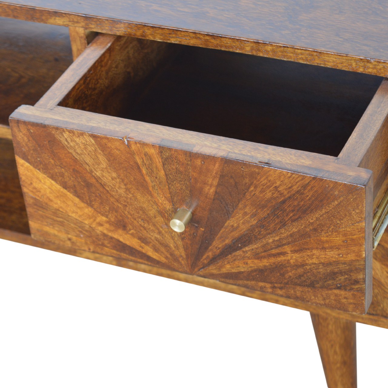 Solid Mango Wood Chestnut Finished 2 Drawers 1 Door Sunrise Patterned TV Stand - Image 6