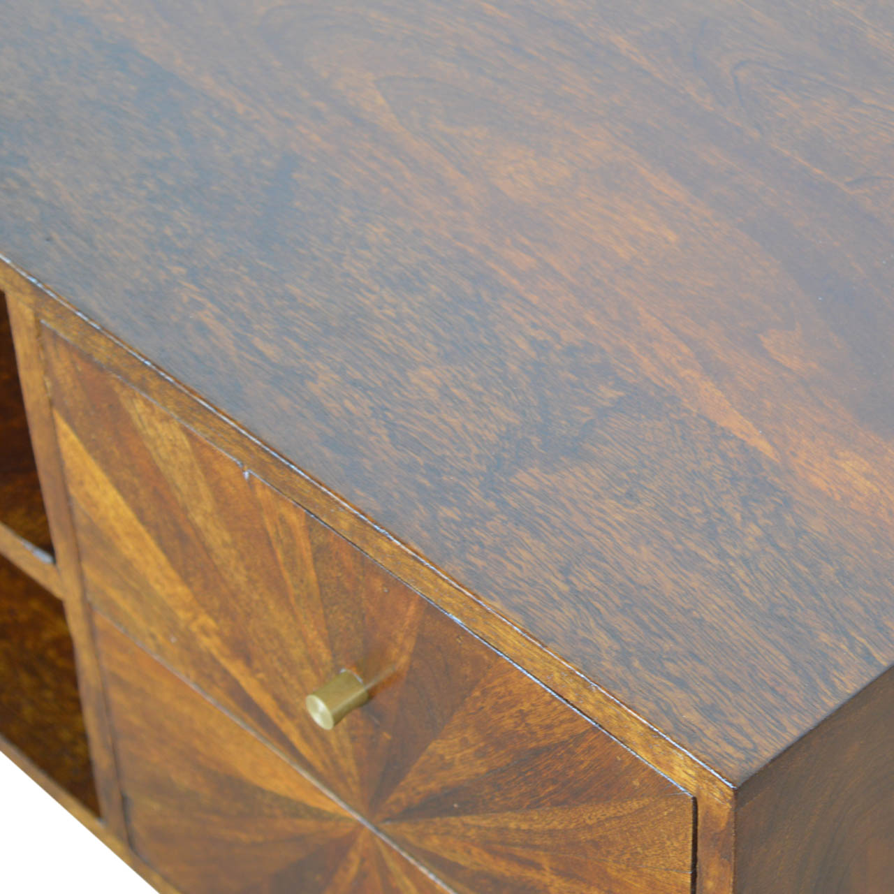 Solid Mango Wood Chestnut Finished 2 Drawers 1 Door Sunrise Patterned TV Stand - Image 7