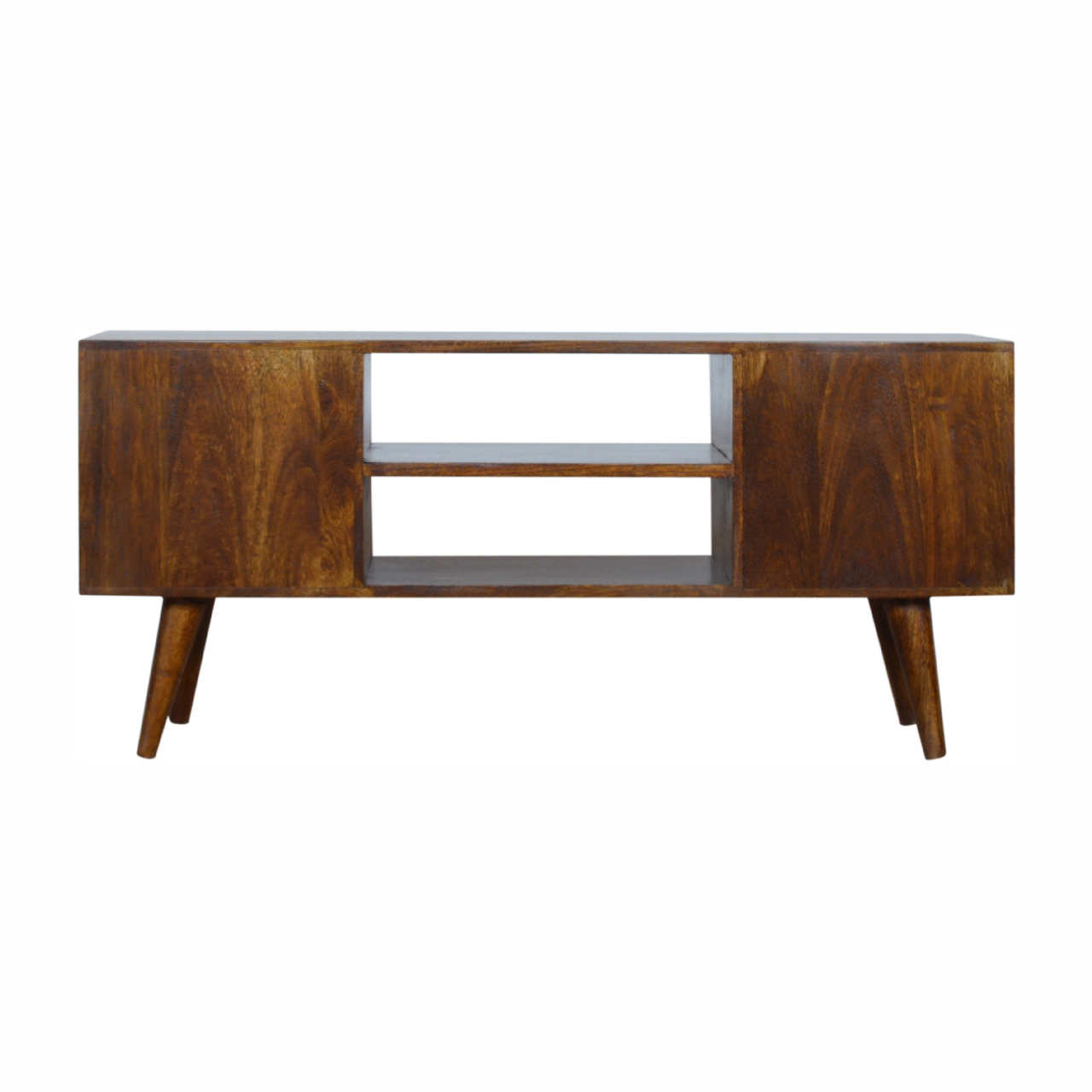 Solid Mango Wood Chestnut Finished 2 Drawers 1 Door Sunrise Patterned TV Stand - Image 9