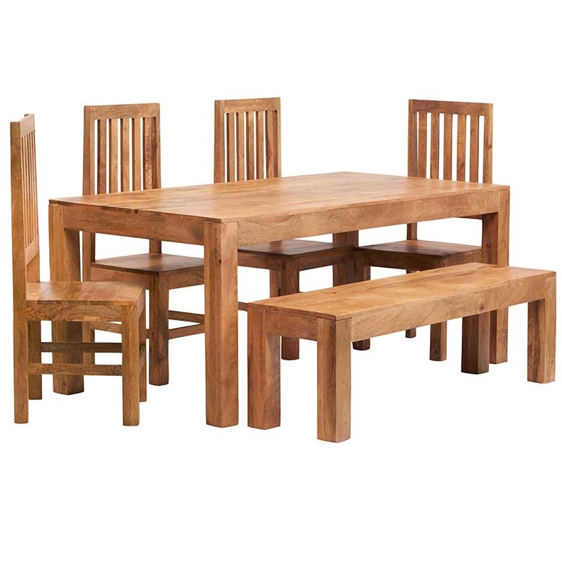 Toko Light Mango 6 FT Dining Set with Bench & 4 Slatted Chairs