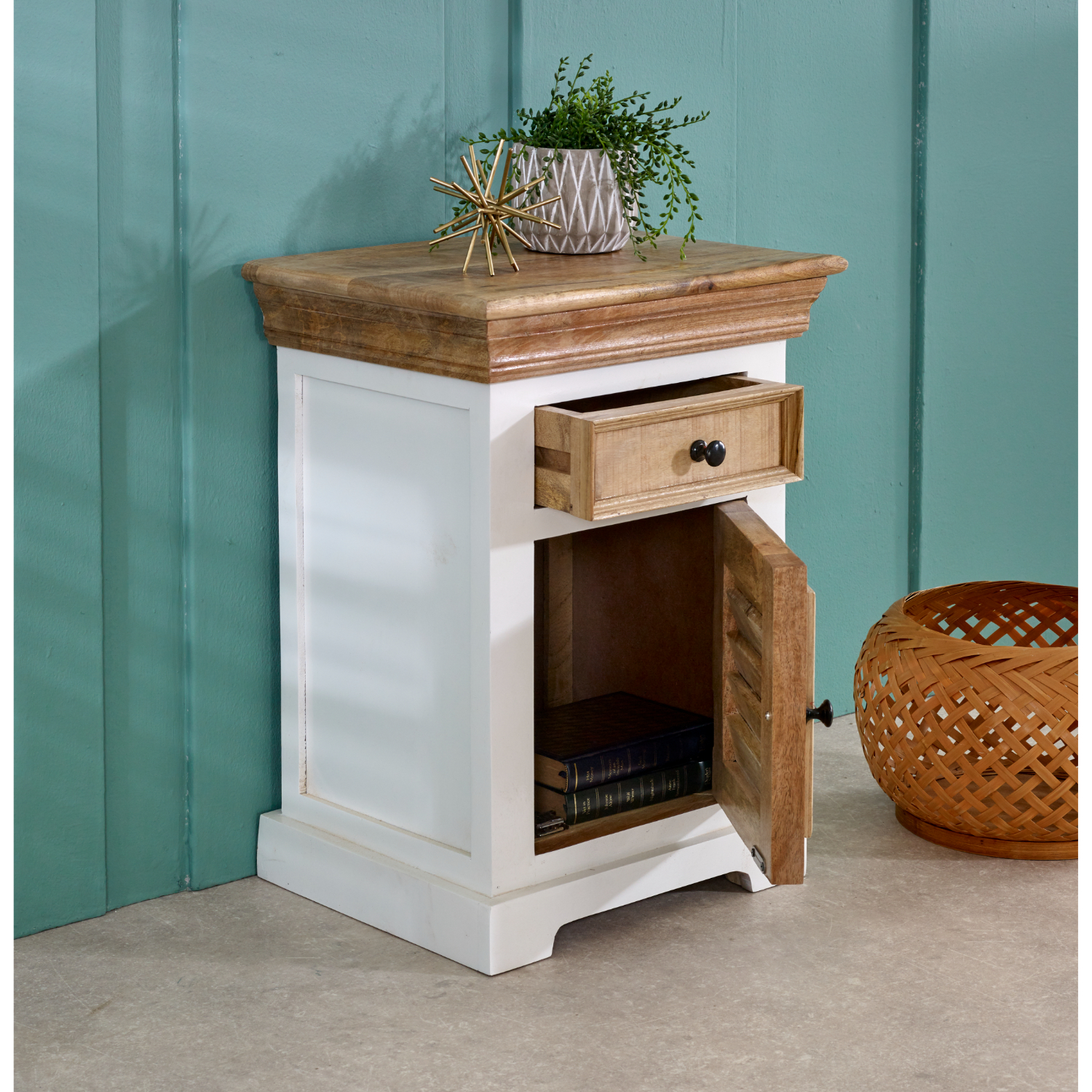 Alfie Solid Mango Wood Bedside Cabinet 1 Drawer + 1 Door - Image 6